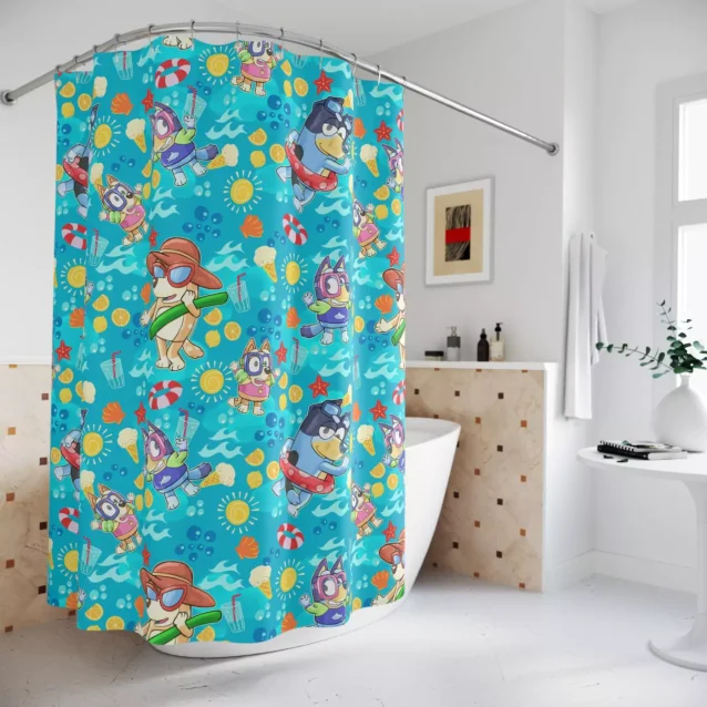 Bluey and Bingo waterproof shower curtain for kids' bathroom.