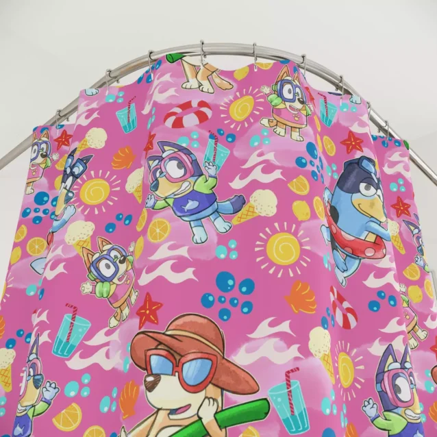 Bandit and Chilli Heeler with Bluey and Bingo shower curtain.