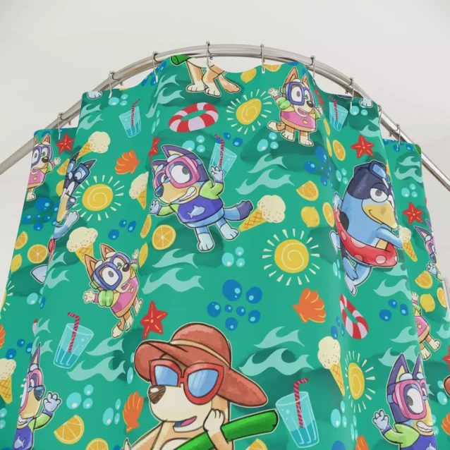 Bluey Heeler family fun print bathroom shower curtain.