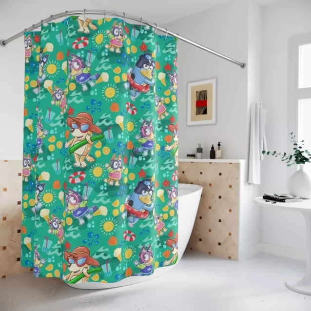 Kids' Bluey and Bingo "keepy uppy" themed shower curtain.