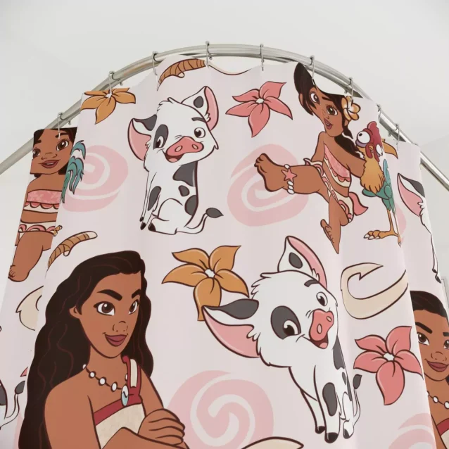 Tropical Moana shower curtain with Pua and Heihei in a floral design.