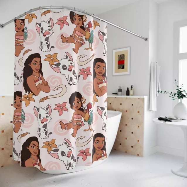 Disney Moana shower curtain featuring Moana and Maui on a sailboat.