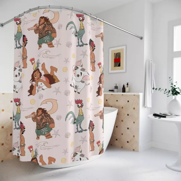 Colorful Moana and Maui shower curtain with "You're Welcome" text.
