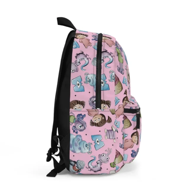 Rear view of the personalized Monsters Inc student bookbag showcasing the thick ergonomic air mesh padded shoulder straps for maximum toddler back support.