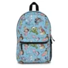 Personalized Monsters Inc Sulley school backpack set displaying a close up of the durable teal fur-inspired graphic pattern and smooth-glide zipper tracks.