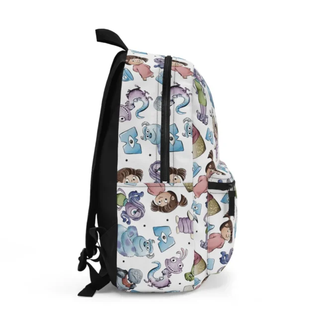 Side angle of the personalized Monsters Inc 3-piece school bundle displaying the wide elastic pocket holding a kids water bottle securely against the waterproof canvas.