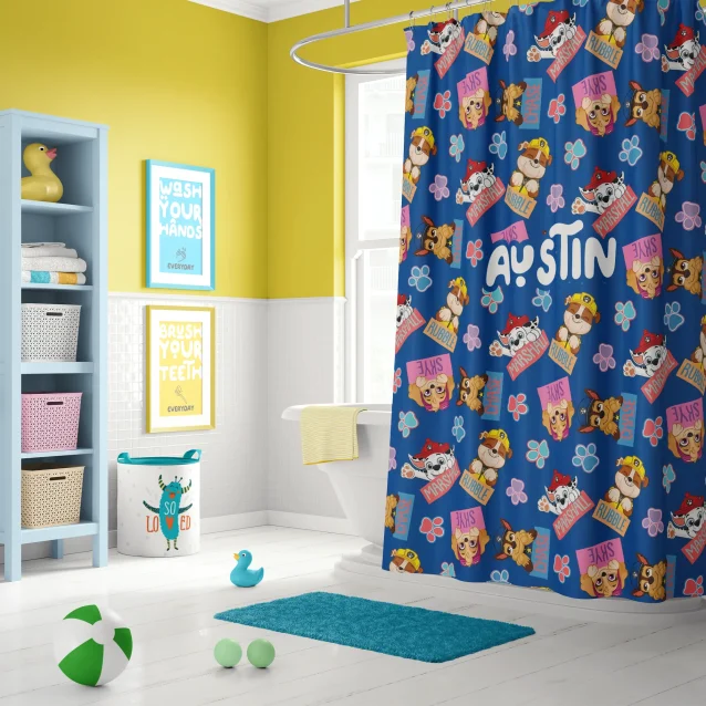 Durable 100% polyester Paw Patrol shower curtain showing Rubble and Rocky, highlighting material quality.
