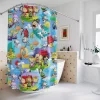 Playful Peanuts gang shower curtain in a family bathroom setting.
