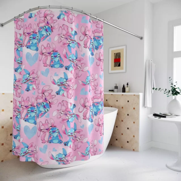 Waterproof bathroom shower curtain showcasing a large, happy Stitch character.