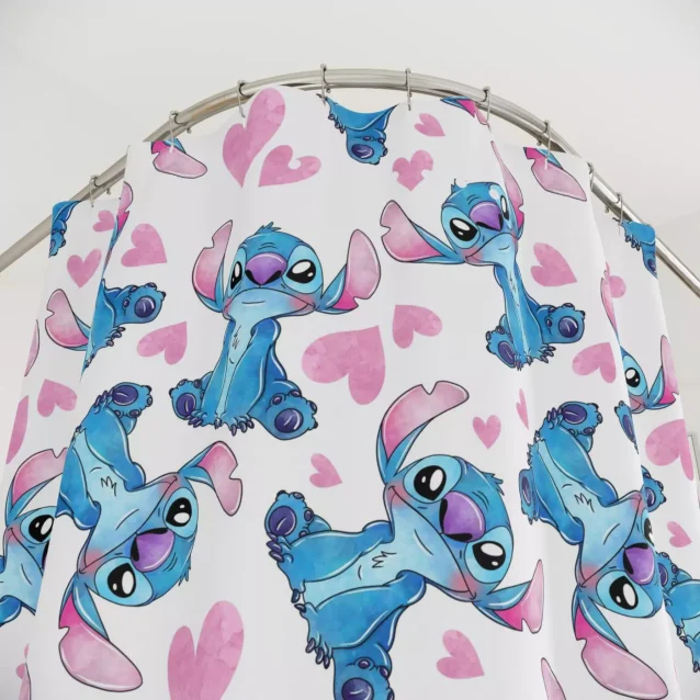 Adorable Stitch shower curtain with pink hibiscus flowers and green tropical leaves.