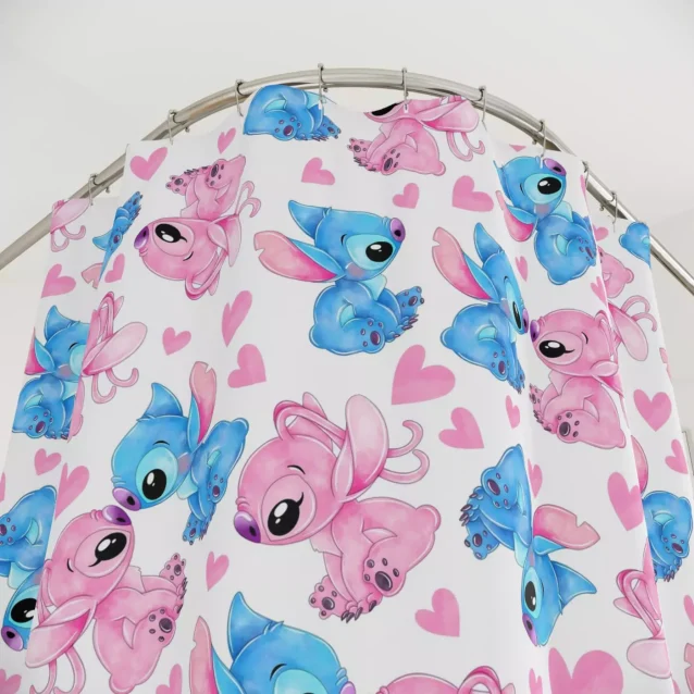 Whimsical Stitch shower curtain with a tropical floral and palm leaf pattern.