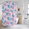 Blue and white striped shower curtain with multiple cute poses of Stitch.