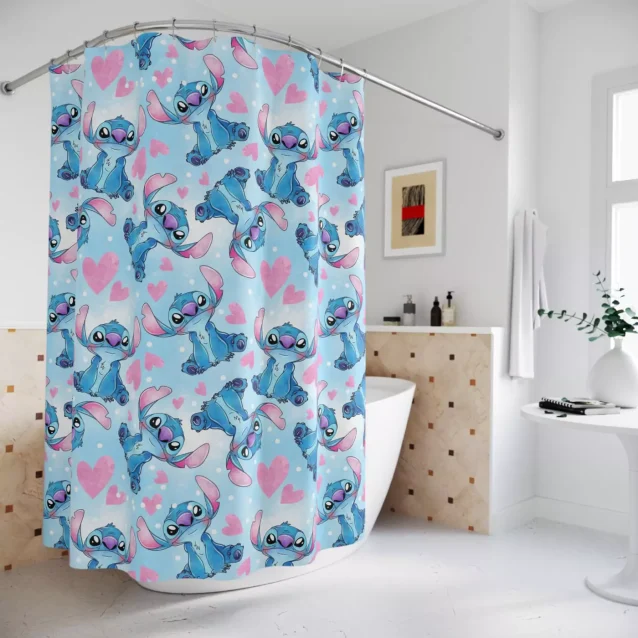 Charming Stitch shower curtain in a cute and cuddly design for Disney fans.