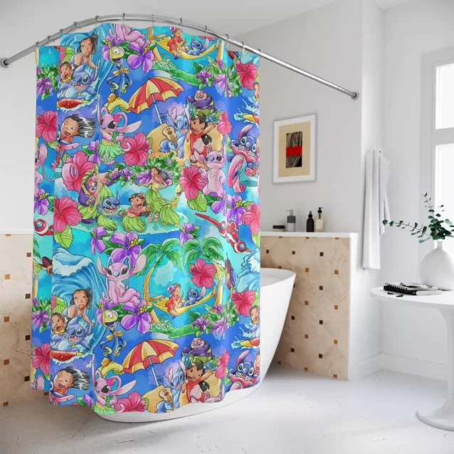 Unique 3D-style Stitch shower curtain for a fun and immersive bathroom experience.