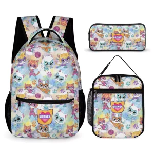 Rear perspective of the SuperKitties backpack highlighting the thick ergonomic padded shoulder straps and breathable back mesh panel.