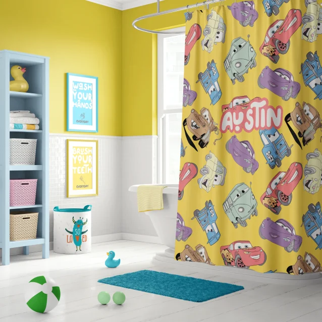 Complete Disney Cars bathroom decor set featuring the shower curtain and matching rugs.
