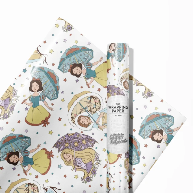 A young girl smiling with delight at a present wrapped in Disney Princess paper.