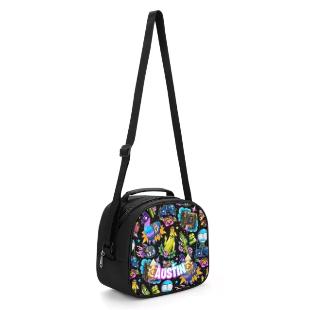 A person hand-carrying the lightweight 8.18 Oz. Fortnite lunch bag.