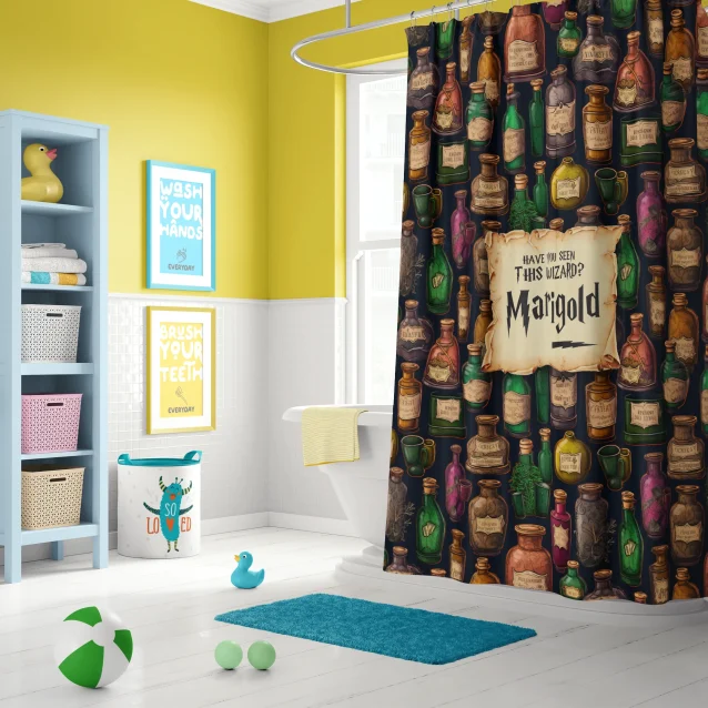 The Marauder's Map shower curtain as the centerpiece of a wizarding world bathroom decor setup.