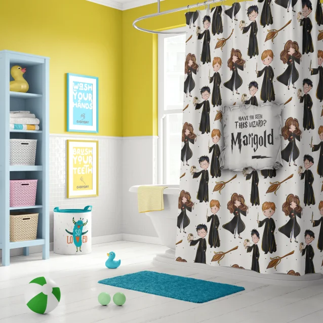 A child smiling at their personalized Harry Potter shower curtain.