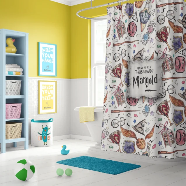 Elegant Harry Potter themed bathroom with a subtle Ravenclaw crest shower curtain.