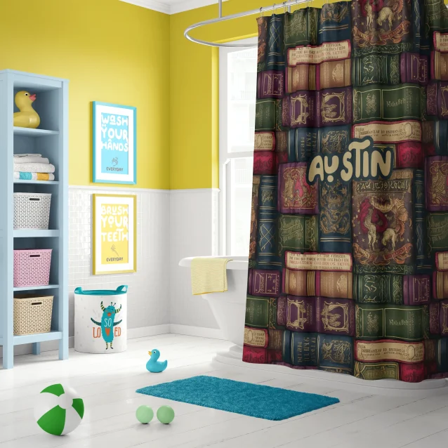 Kids Harry Potter bathroom featuring a vibrant Gryffindor shower curtain.