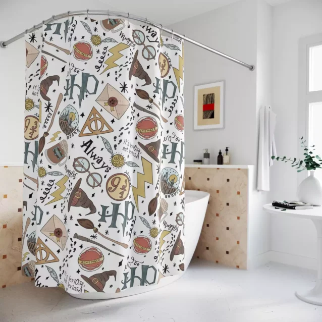 Harry Potter shower curtain featuring the four Hogwarts house crests.