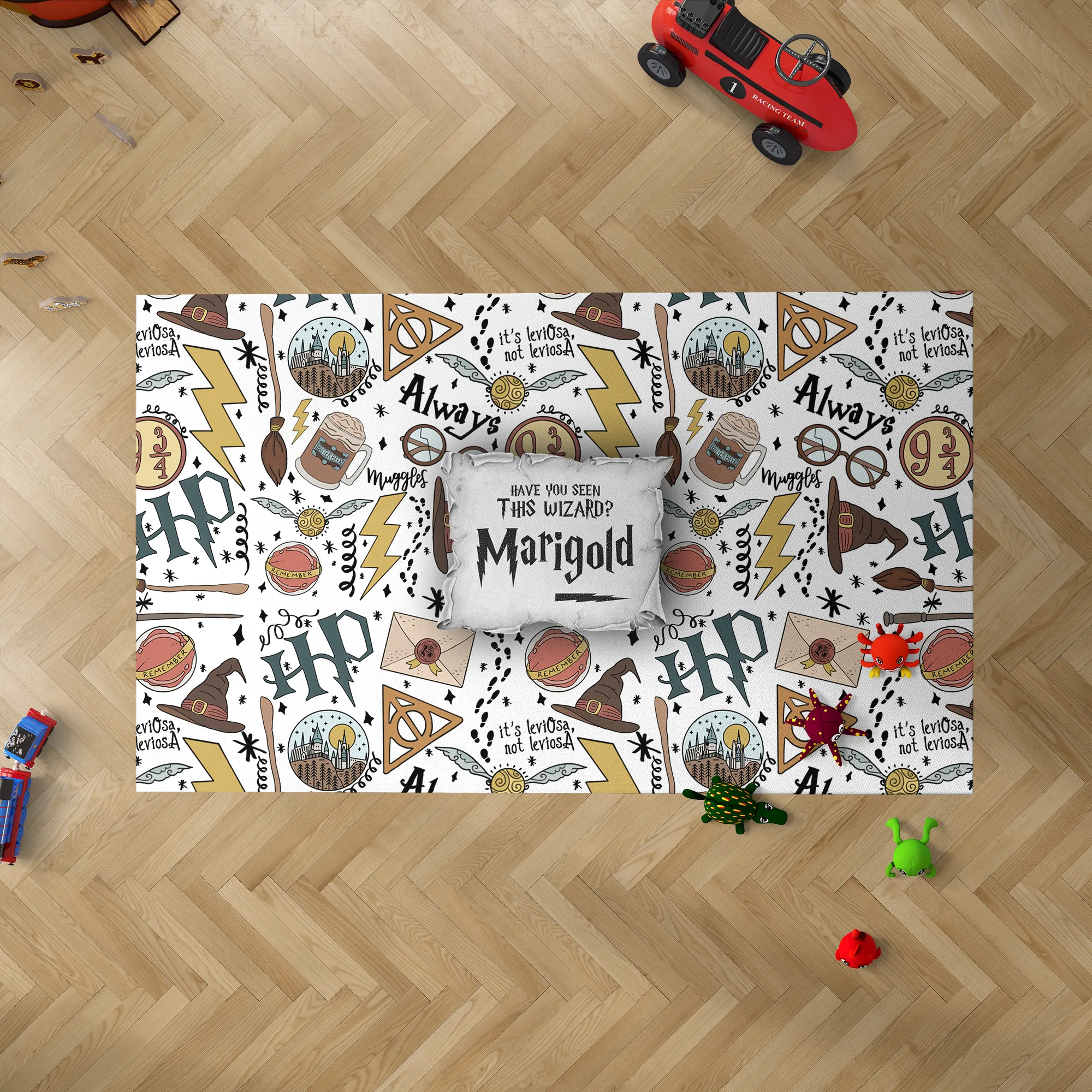 A young child playing with magical creature toys on the vibrant Harry Potter playroom rug.