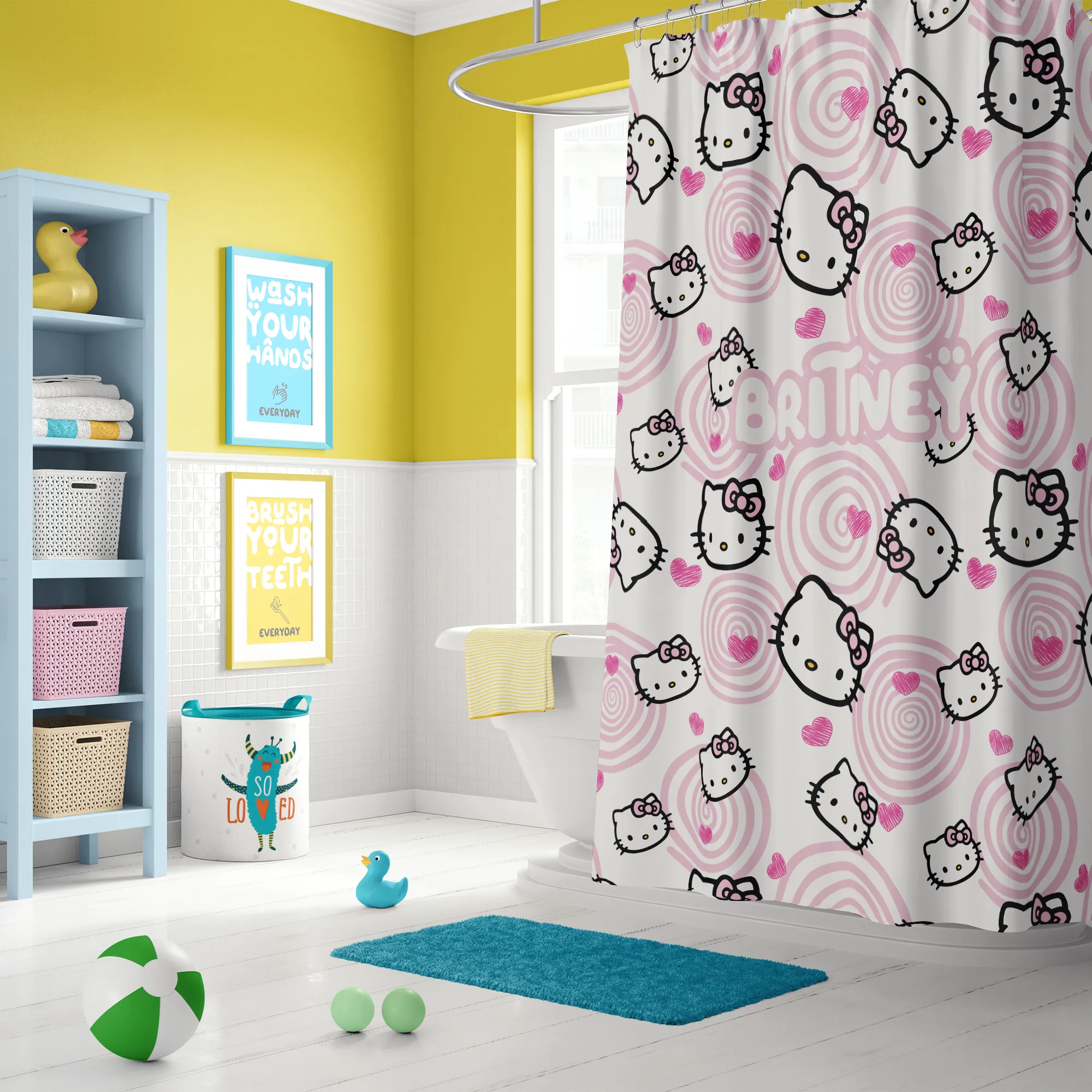 Hello Kitty shower curtain with pink and white stripes in a cute kids' bathroom.