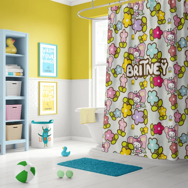 Elegant kawaii bathroom decor with a subtle Hello Kitty floral shower curtain.