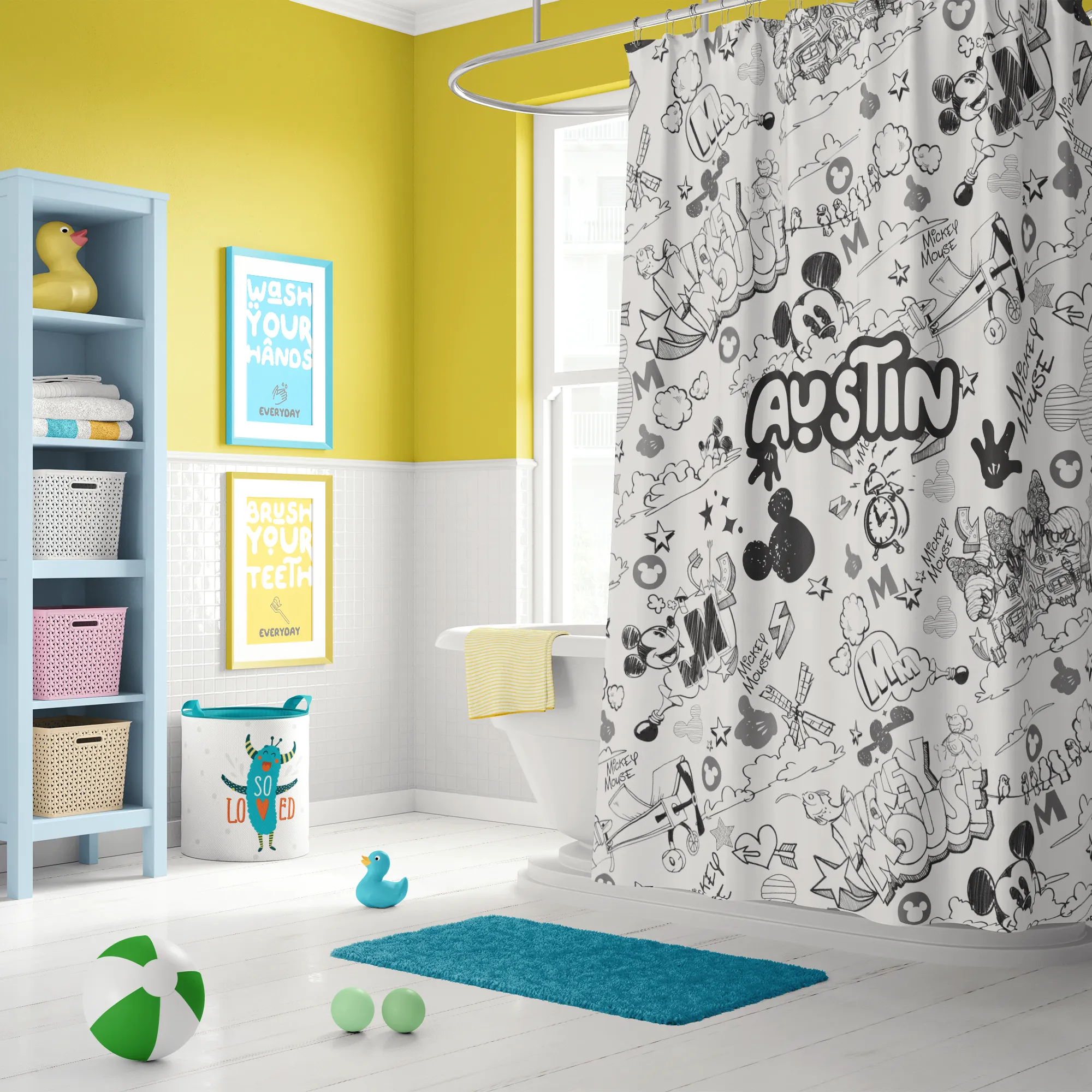 A classic black and white Mickey Mouse shower curtain in a modern bathroom.