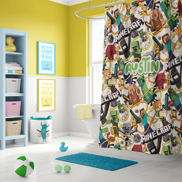 A complete Minecraft bathroom set featuring the shower curtain and a matching bath rug.