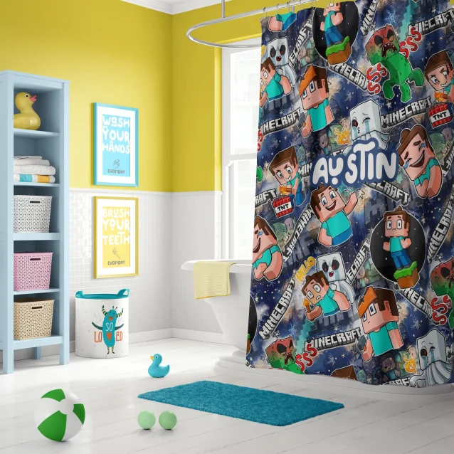 Minecraft shower curtain with Creeper and Zombie in a fun kids' bathroom.