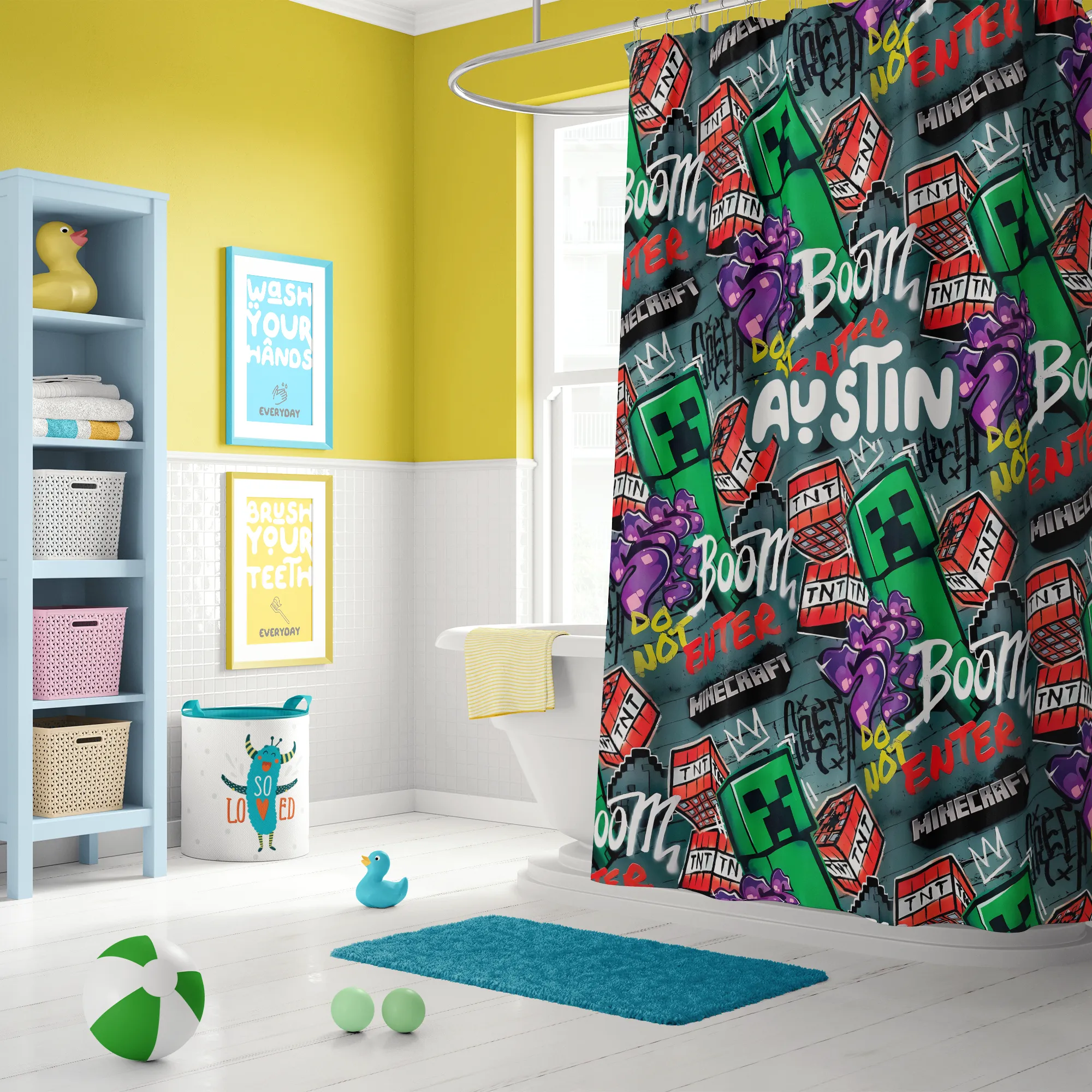 A boy's bathroom with a pixelated Minecraft mobs and blocks shower curtain.