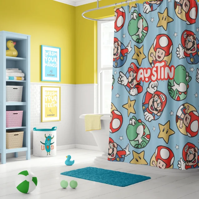 A boy's gamer-themed bathroom featuring a vibrant Nintendo shower curtain.