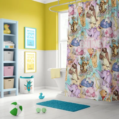 Classic Winnie the Pooh shower curtain featuring Pooh and friends in a colorful watercolor design for family bathroom decor