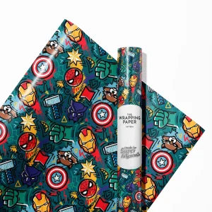 Roll of premium superhero wrapping paper with a vibrant comic book panel design.