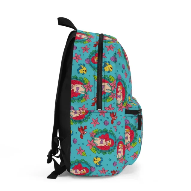 Custom personalized Ariel Little Mermaid kids rucksack showing the vibrant colors, heavy-duty handle, and smooth zipper tracks.
