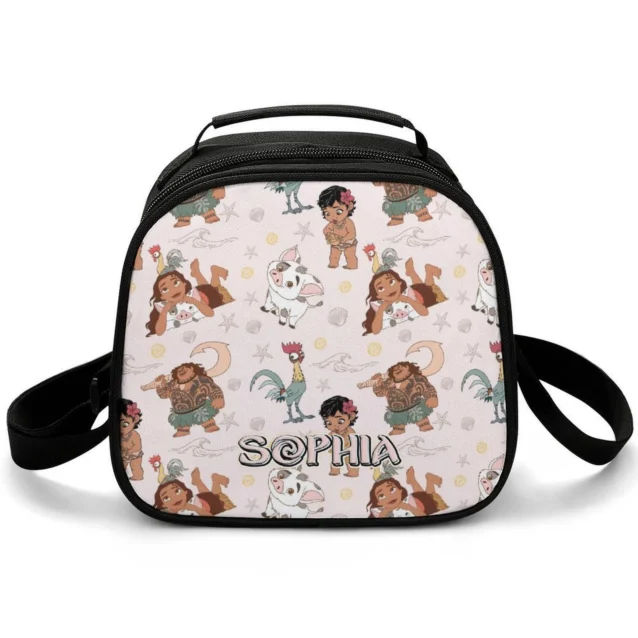 Personalized Maui the Demigod insulated cooler bag for school lunches, displaying Maui and his magic fishhook on a wipe-clean exterior fabric.