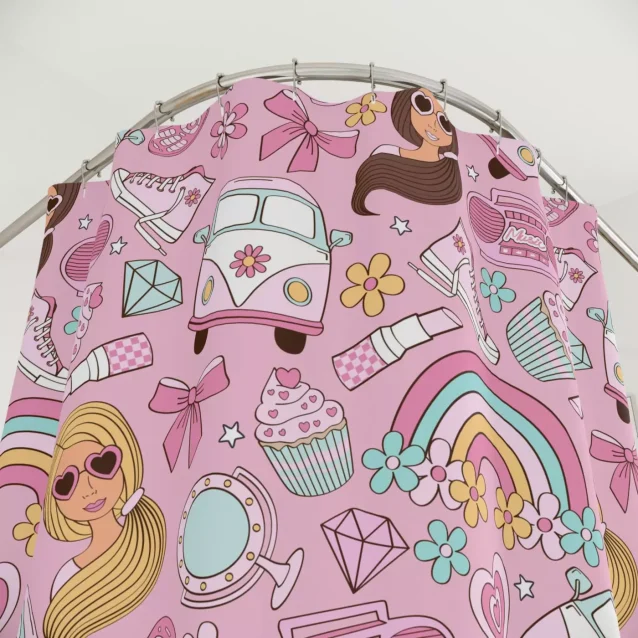 Pink Barbie logo all-over print shower curtain for kids' bathroom decor.