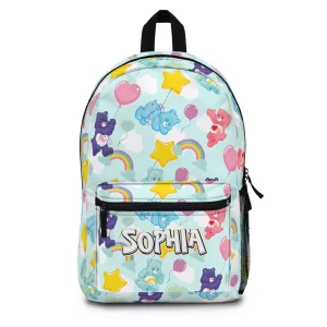 Close-up of the high-quality Oxford fabric and a heart-shaped zipper pull on the front pocket of the Care Bears backpack.