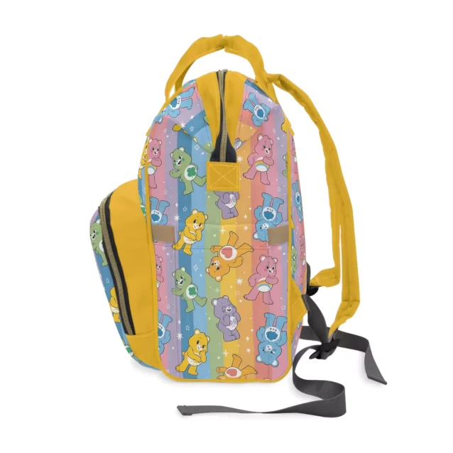 The easy-to-clean material of the Care Bears diaper bag.