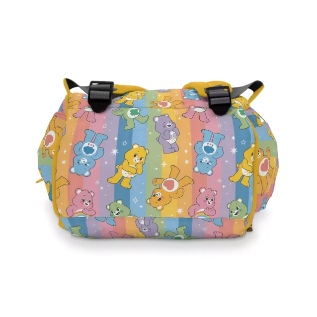 A model showcasing the stylish look of the Care Bears diaper bag.