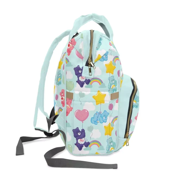 A happy mom carrying the Care Bears Diaper Bag in a park.