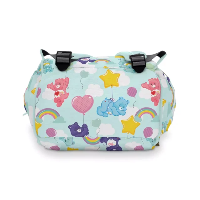 The Care Bears Diaper Bag hanging on a stroller.