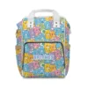 Colorful Care Bears diaper bag backpack with the Care-a-Lot cast collage of bears on blue, the baby's name printed on the front pocket.