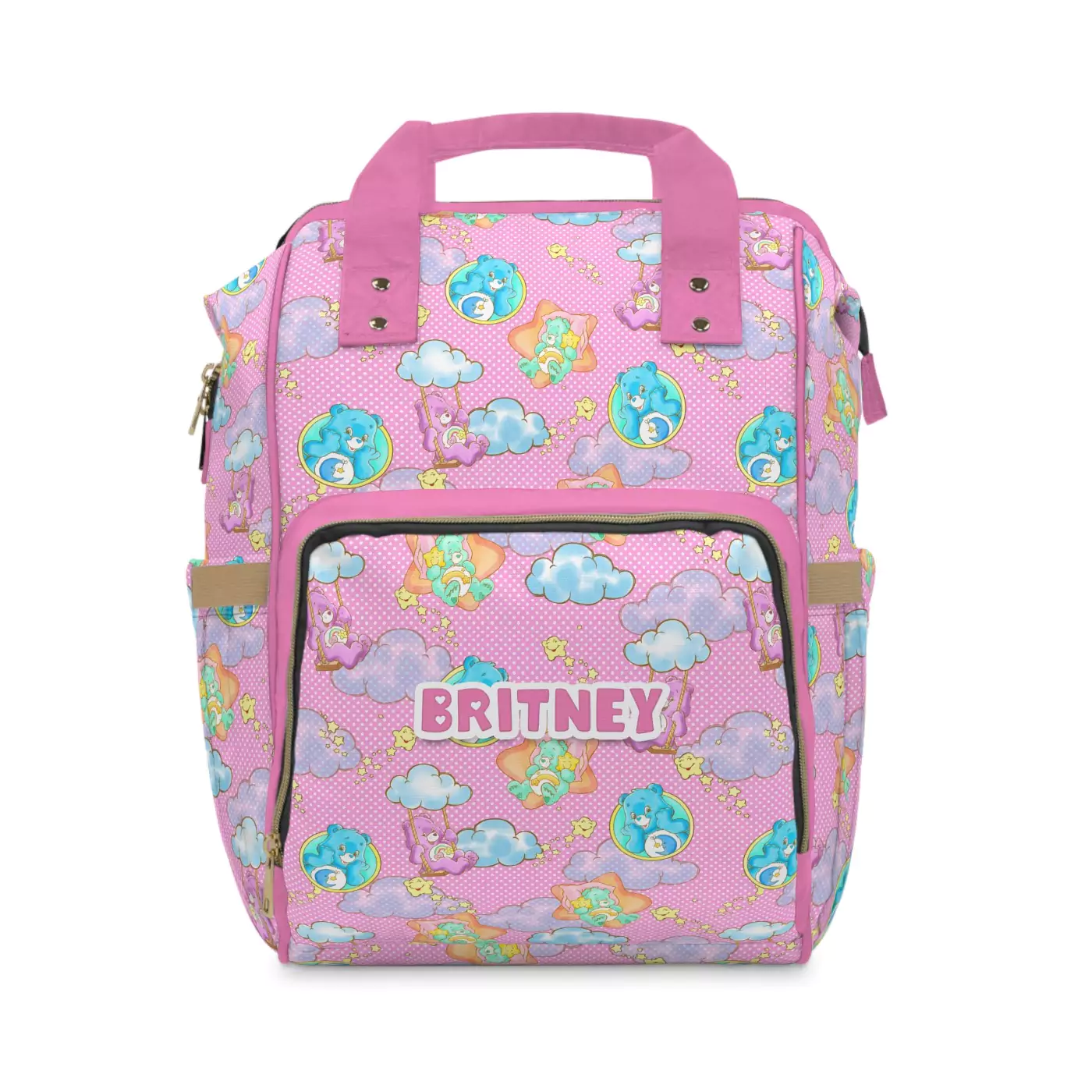Pink Care Bears diaper bag with Cheer Bear and friends on clouds and rainbows.