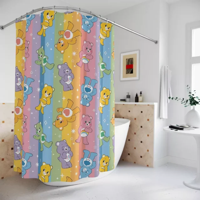 Retro-style Care Bears fabric shower curtain with the original 1980s characters.
