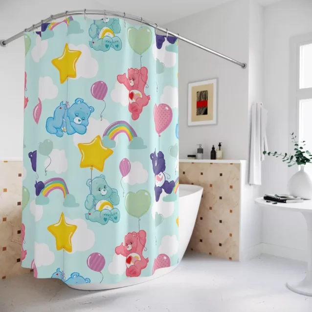 Kids' Care Bears shower curtain with a pattern of multiple bears and colorful stars.