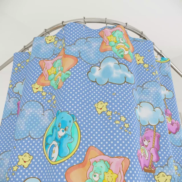 Retro 80s style Care Bears shower curtain with multiple characters and classic logo.